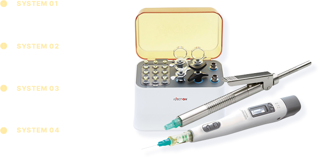 4way 통증 케어 시스템 — SYSTEM 01 가글마취, SYSTEM 02 통증 저감 마취기, SYSTEM 03 치근막 마취기, SYSTEM 04 앰플워머 사용