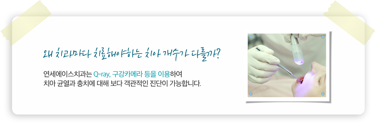 왜 치과마다 치료해야하는 치아 개수가 다를까? 연세에이스치과는 Q-ray, 구강카메라 등을 이용하여 치아 균열과 충치에 대해 보다 객관적인 진단이 가능합니다.