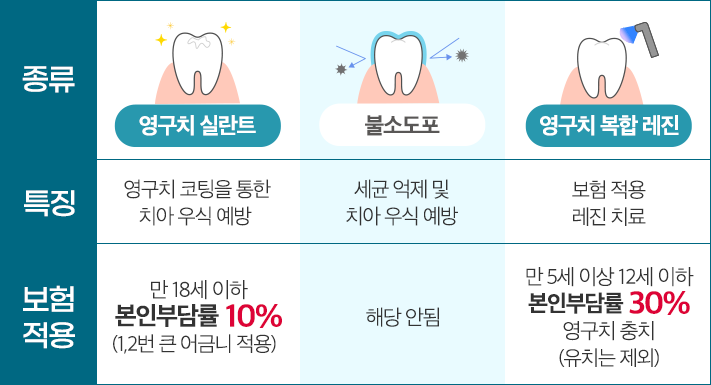 종류: 영구치 실란트 / 불소도포 / 영구치 복합 레진, 특징: 영구치 코팅을 통한 치아 우식 예방 / 세균 억제 및 치아 우식 예방 / 보험 적용 레진 치료, 보험 적용: 만 18세 이하 본인부담률 10%(1,2번 큰 어금니 적용) / 해당 안됨 / 만 5세 이상 12세 이하 본인부담률 30% 영구치 충치(유치는 제외)